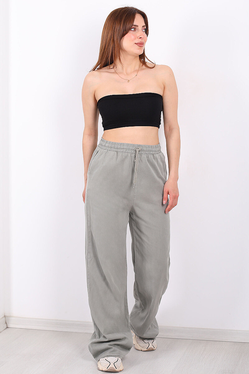 Beli Lastikli Bol Paça Cepli Kadın Haki Tensel Pantolon - 3