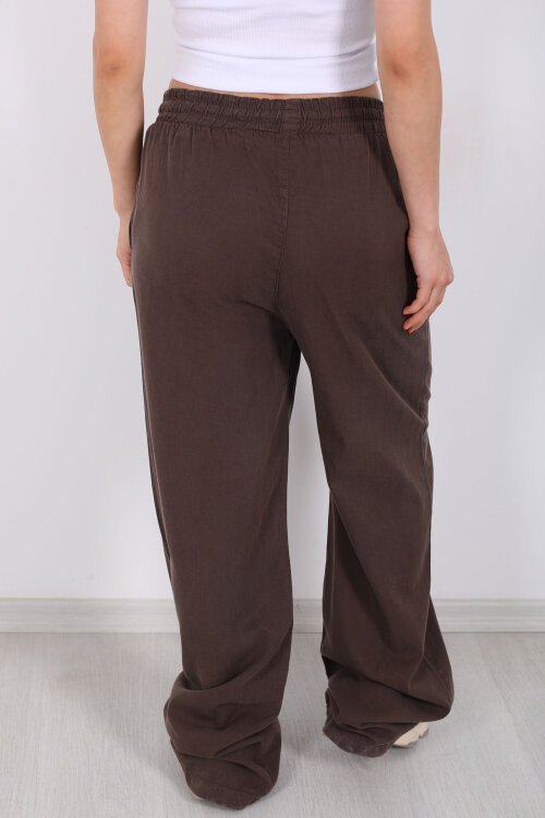 Beli Lastikli Bol Paça Cepli Kadın Kahverengi Tensel Pantolon - 5