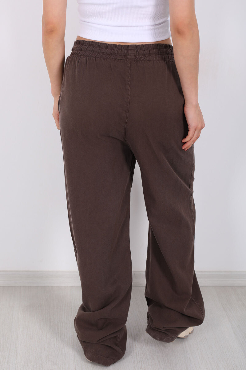Beli Lastikli Bol Paça Cepli Kadın Kahverengi Tensel Pantolon - 5