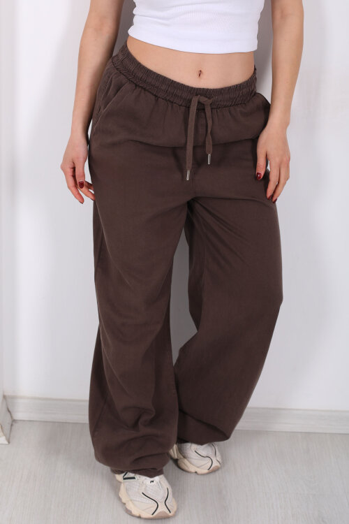 Beli Lastikli Bol Paça Cepli Kadın Kahverengi Tensel Pantolon - Berox (1)
