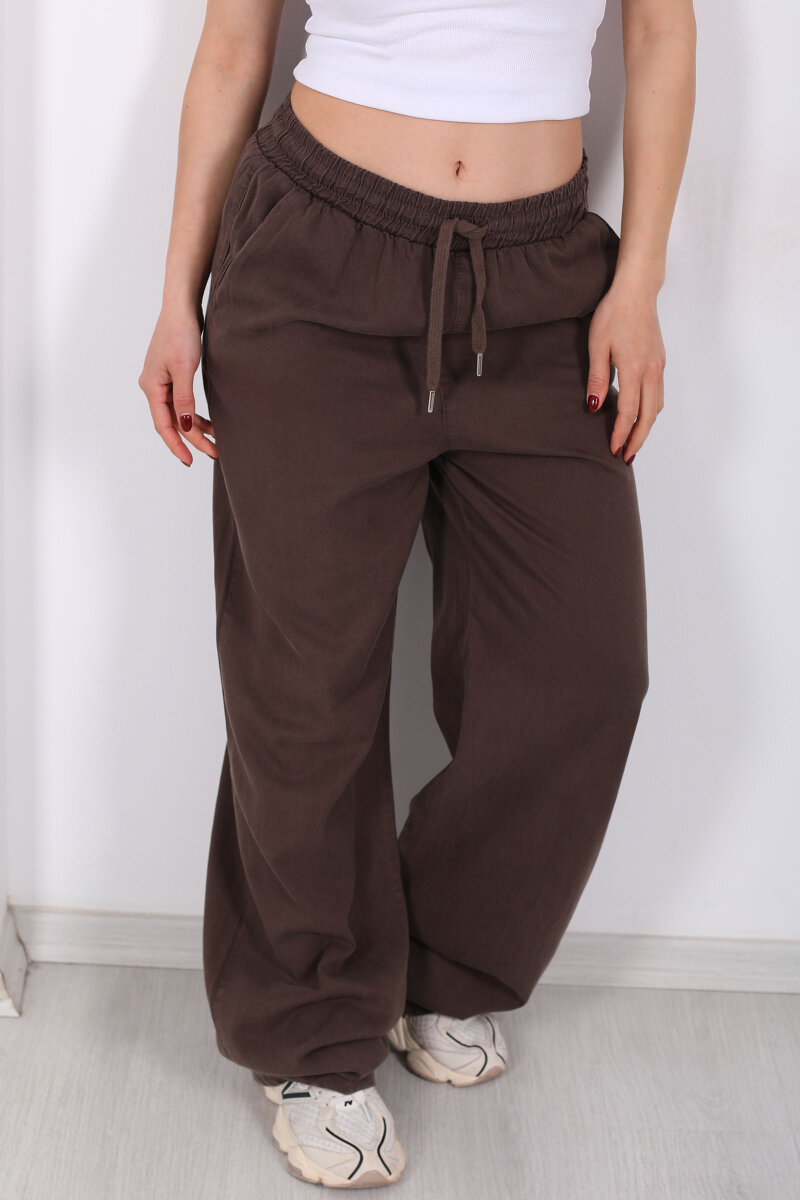 Beli Lastikli Bol Paça Cepli Kadın Kahverengi Tensel Pantolon - 2