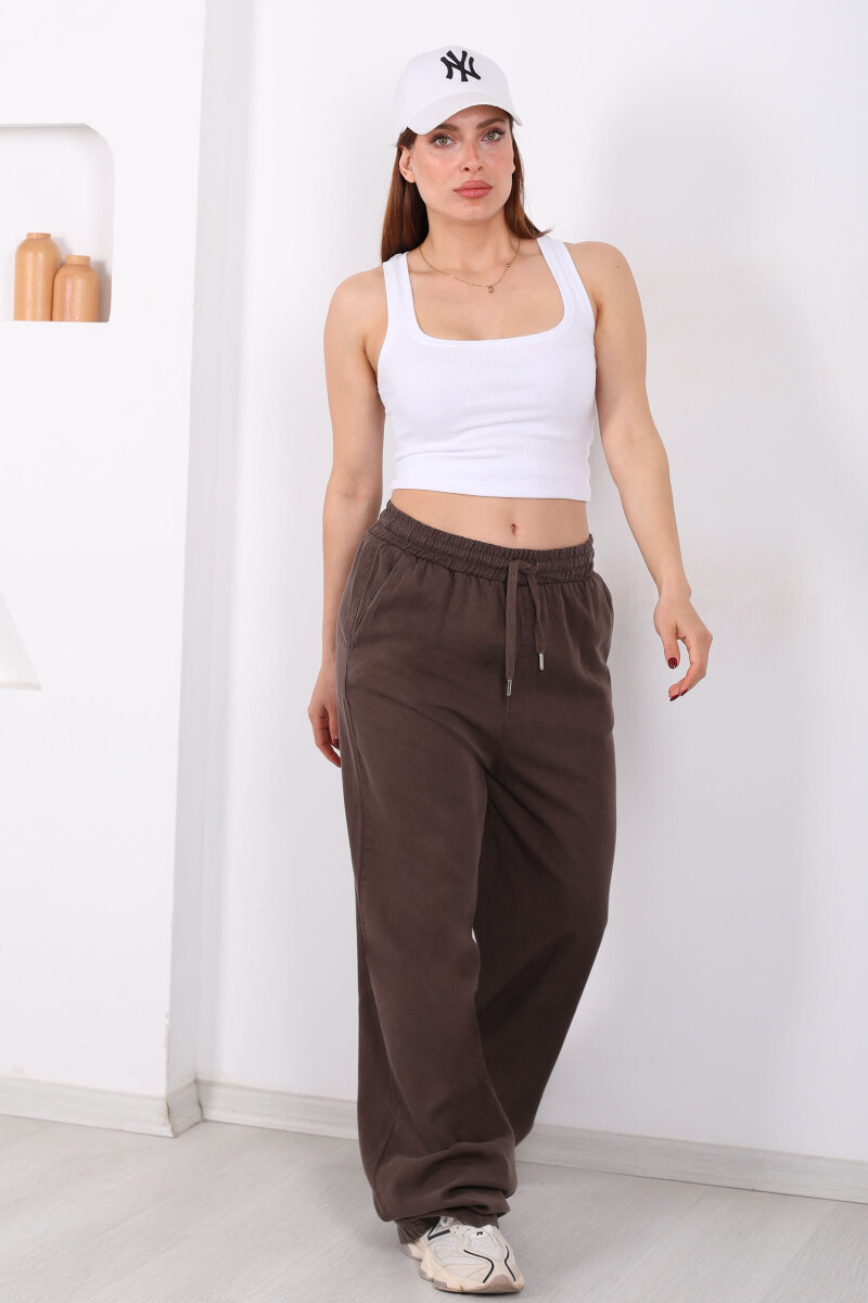 Beli Lastikli Bol Paça Cepli Kadın Kahverengi Tensel Pantolon - 4