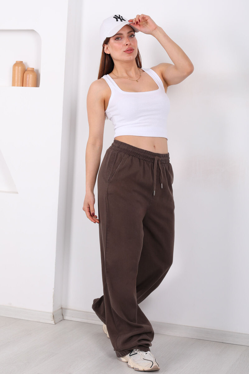 Beli Lastikli Bol Paça Cepli Kadın Kahverengi Tensel Pantolon - 1