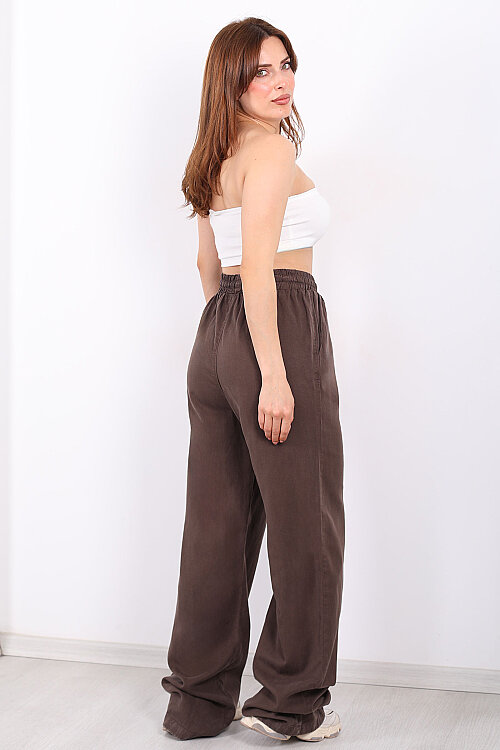 Beli Lastikli Bol Paça Cepli Kadın Kahverengi Tensel Pantolon - 5
