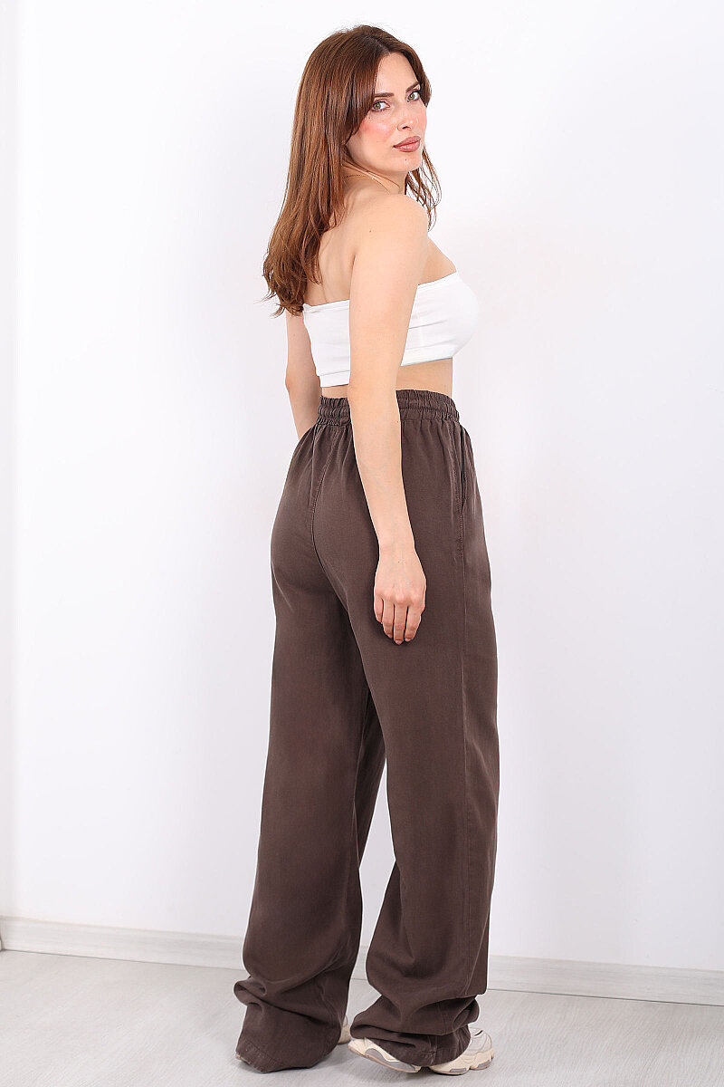 Beli Lastikli Bol Paça Cepli Kadın Kahverengi Tensel Pantolon - 5