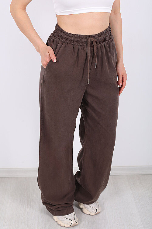 Beli Lastikli Bol Paça Cepli Kadın Kahverengi Tensel Pantolon - Berox (1)