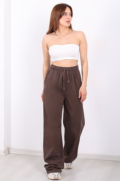 Beli Lastikli Bol Paça Cepli Kadın Kahverengi Tensel Pantolon - 6