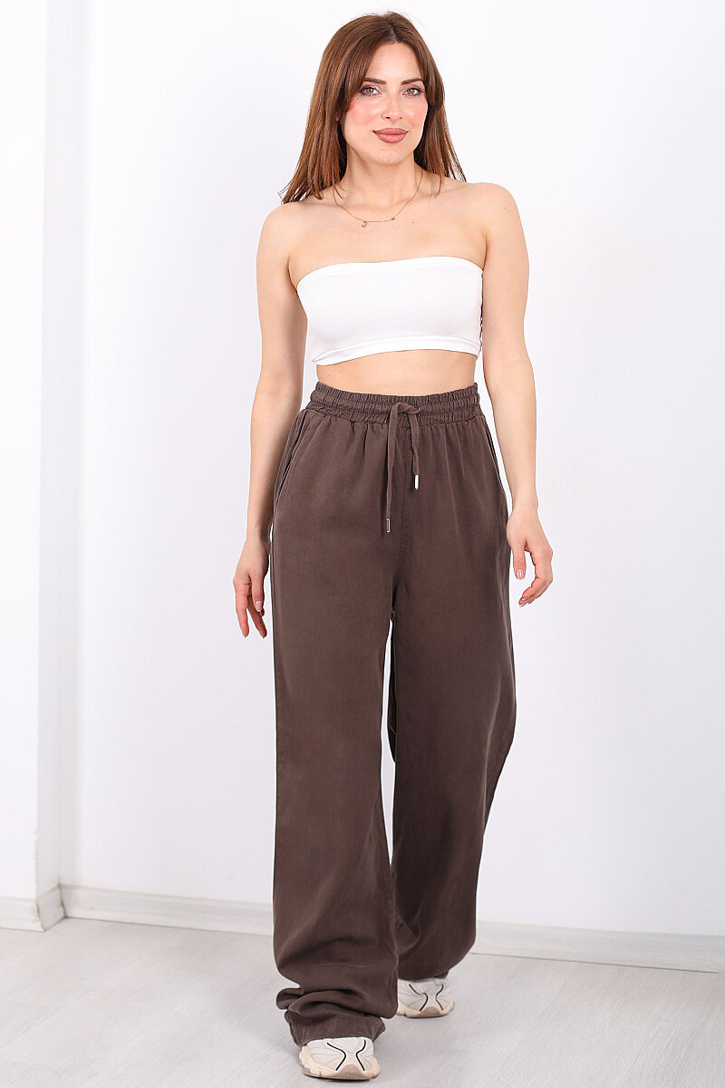 Beli Lastikli Bol Paça Cepli Kadın Kahverengi Tensel Pantolon - 3