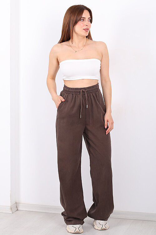 Beli Lastikli Bol Paça Cepli Kadın Kahverengi Tensel Pantolon - 4