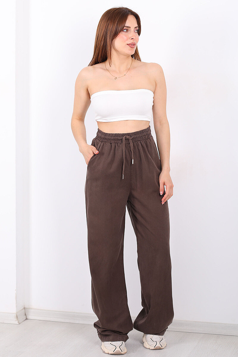 Beli Lastikli Bol Paça Cepli Kadın Kahverengi Tensel Pantolon - 4