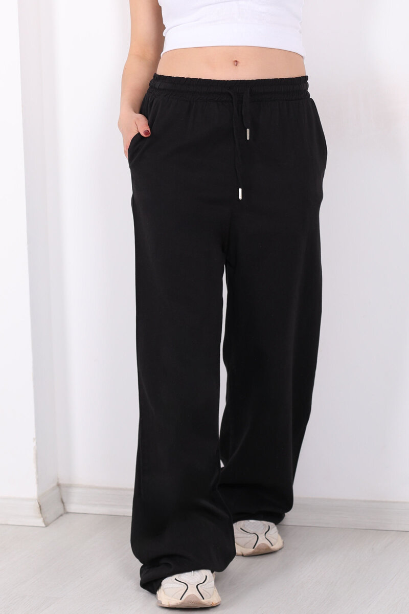 Beli Lastikli Bol Paça Cepli Kadın Siyah Tensel Pantolon - 2