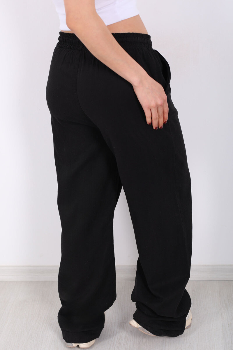 Beli Lastikli Bol Paça Cepli Kadın Siyah Tensel Pantolon - 5