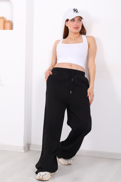 Beli Lastikli Bol Paça Cepli Kadın Siyah Tensel Pantolon - 6
