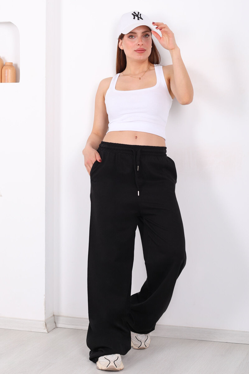 Beli Lastikli Bol Paça Cepli Kadın Siyah Tensel Pantolon - 1