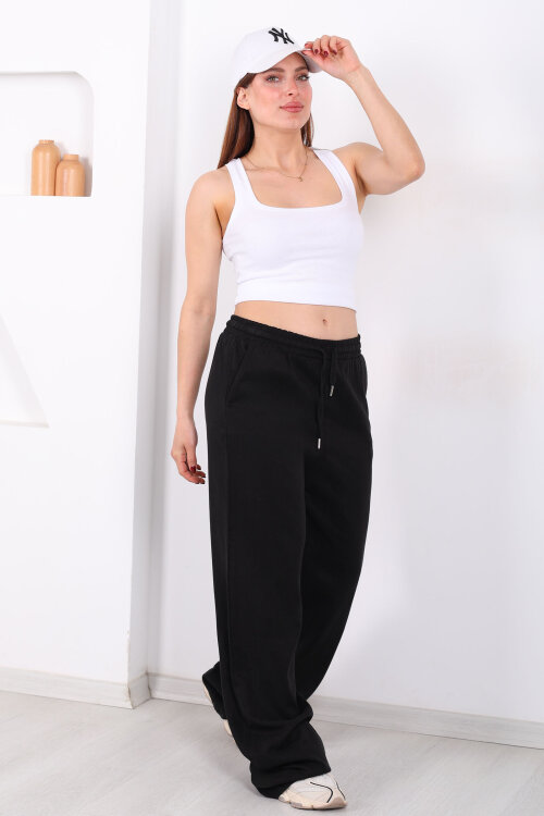 Beli Lastikli Bol Paça Cepli Kadın Siyah Tensel Pantolon - 3