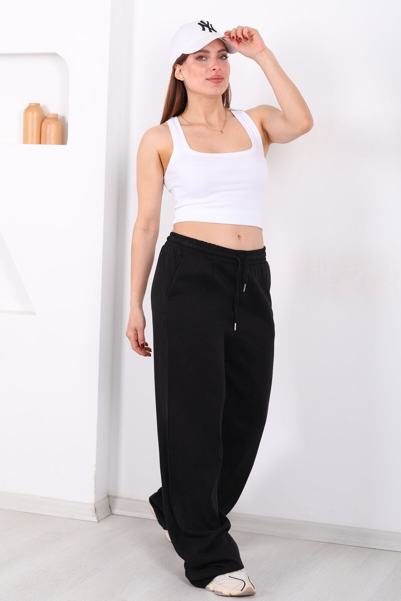 Beli Lastikli Bol Paça Cepli Kadın Siyah Tensel Pantolon - 3