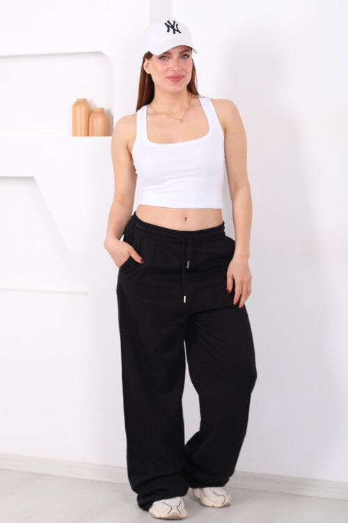 Beli Lastikli Bol Paça Cepli Kadın Siyah Tensel Pantolon - 4