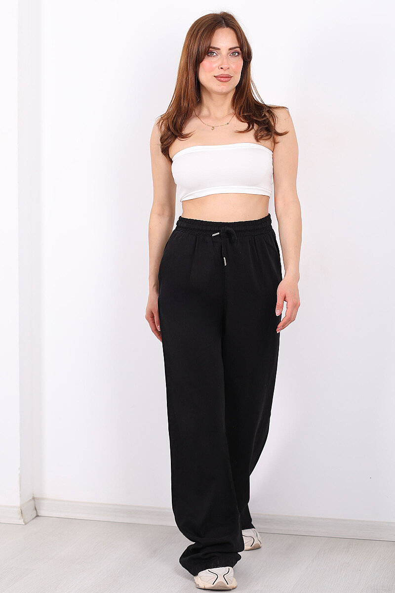 Beli Lastikli Bol Paça Cepli Kadın Siyah Tensel Pantolon - 6