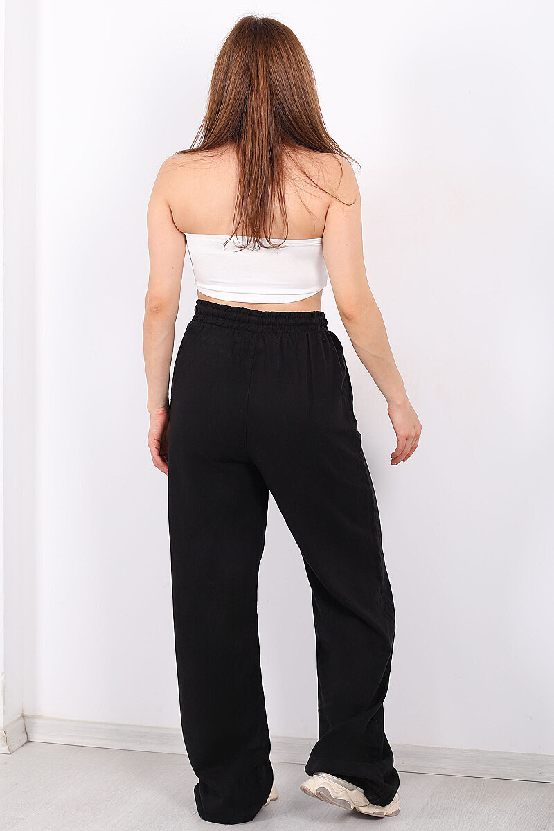Beli Lastikli Bol Paça Cepli Kadın Siyah Tensel Pantolon - 5