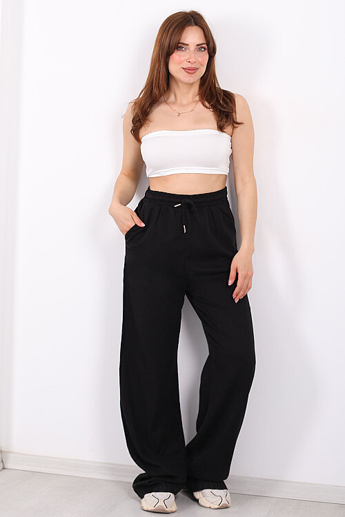 Beli Lastikli Bol Paça Cepli Kadın Siyah Tensel Pantolon - 3