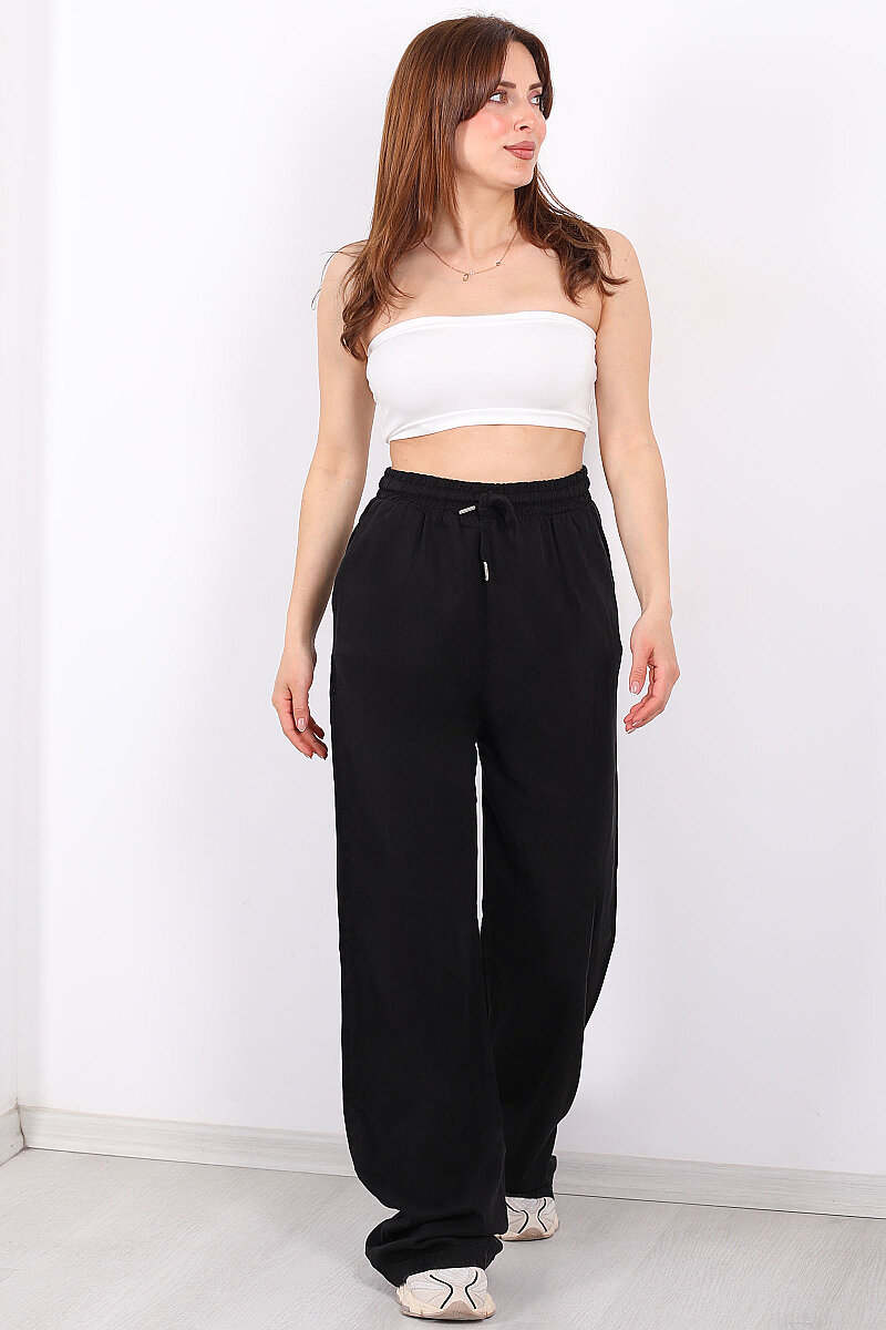 Beli Lastikli Bol Paça Cepli Kadın Siyah Tensel Pantolon - 1