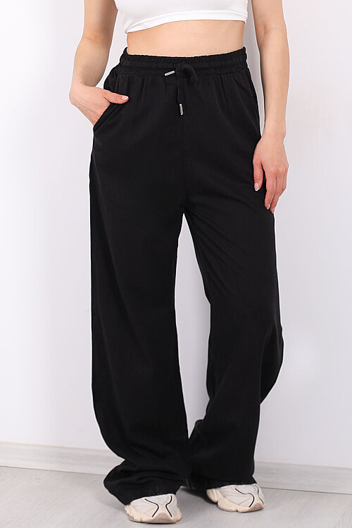Beli Lastikli Bol Paça Cepli Kadın Siyah Tensel Pantolon - Berox (1)