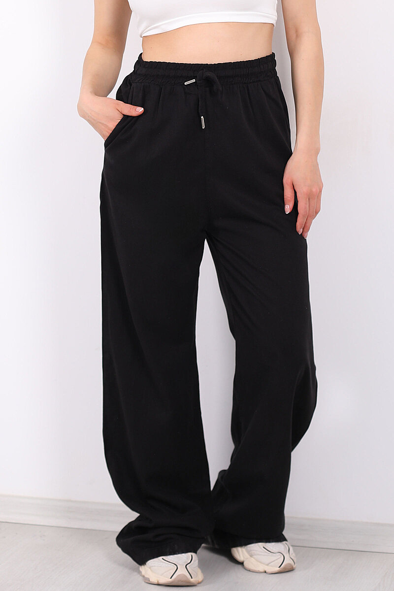 Beli Lastikli Bol Paça Cepli Kadın Siyah Tensel Pantolon - 2