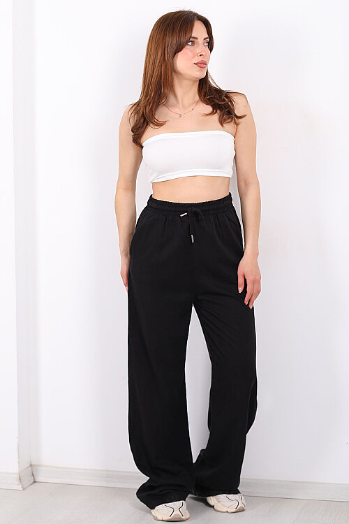 Beli Lastikli Bol Paça Cepli Kadın Siyah Tensel Pantolon - 4