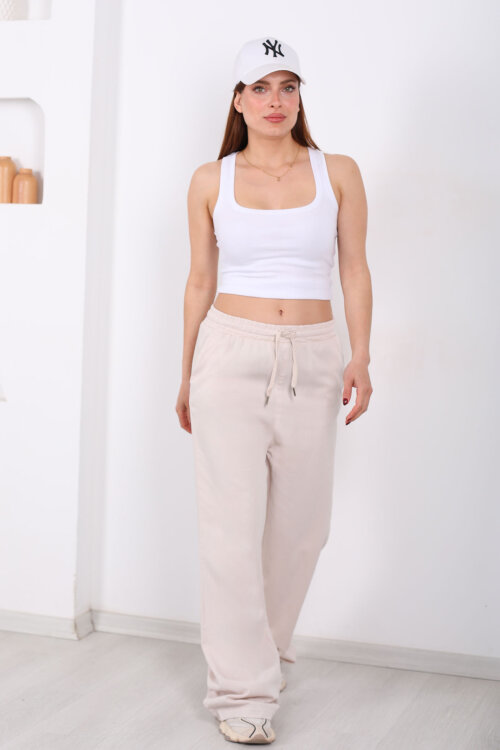 Beli Lastikli Bol Paça Cepli Kadın Taş Rengi Tensel Pantolon - 6