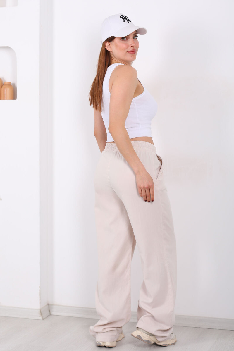 Beli Lastikli Bol Paça Cepli Kadın Taş Rengi Tensel Pantolon - 5