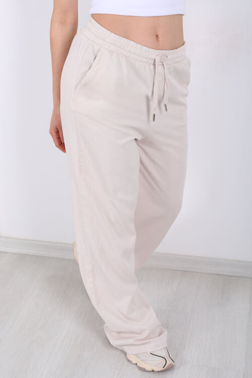 Beli Lastikli Bol Paça Cepli Kadın Taş Rengi Tensel Pantolon - Berox (1)