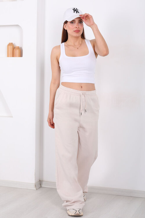 Beli Lastikli Bol Paça Cepli Kadın Taş Rengi Tensel Pantolon - 3