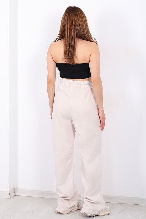 Beli Lastikli Bol Paça Cepli Kadın Taş Rengi Tensel Pantolon - 4