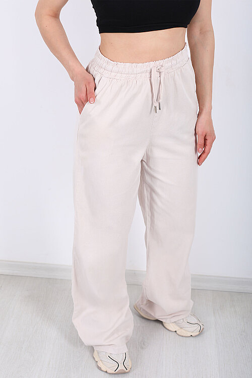 Beli Lastikli Bol Paça Cepli Kadın Taş Rengi Tensel Pantolon - Berox (1)
