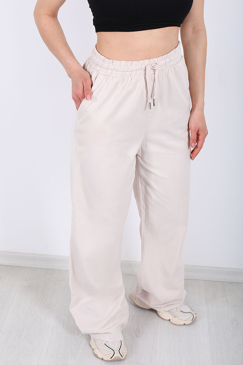 Beli Lastikli Bol Paça Cepli Kadın Taş Rengi Tensel Pantolon - 2