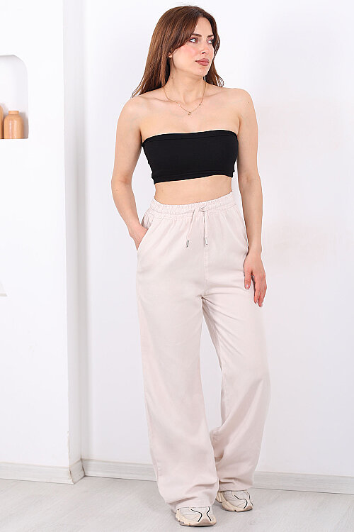 Beli Lastikli Bol Paça Cepli Kadın Taş Rengi Tensel Pantolon - 3
