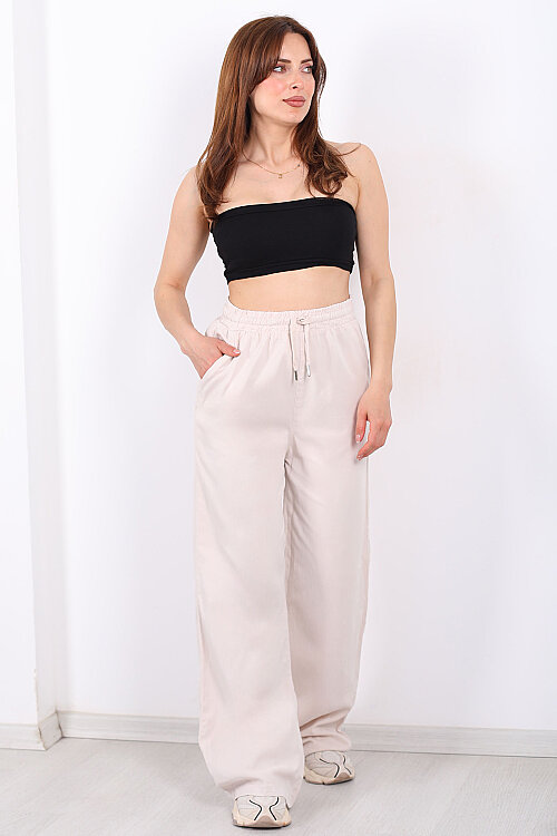 Beli Lastikli Bol Paça Cepli Kadın Taş Rengi Tensel Pantolon - Berox