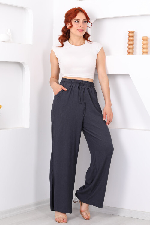 Beli Lastikli Bol Paça Füme Kadın Bürümcük Pantolon - 3