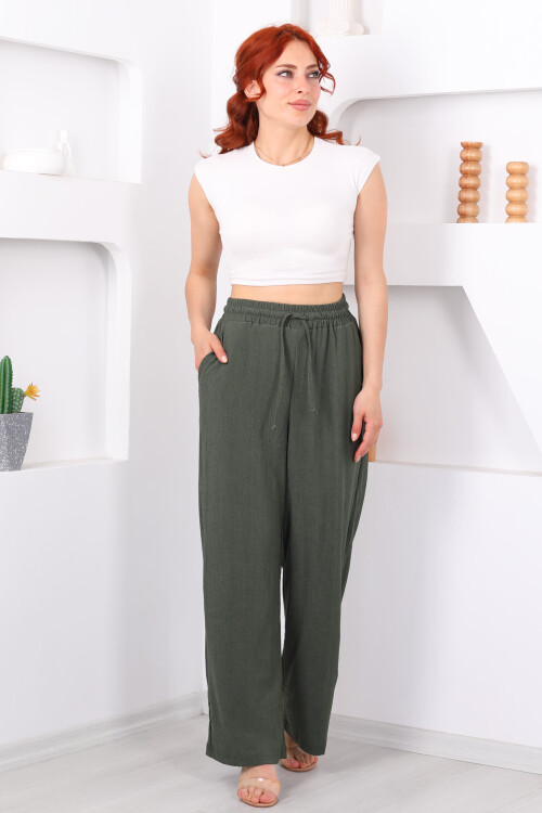 Beli Lastikli Bol Paça Haki Kadın Bürümcük Pantolon - 4