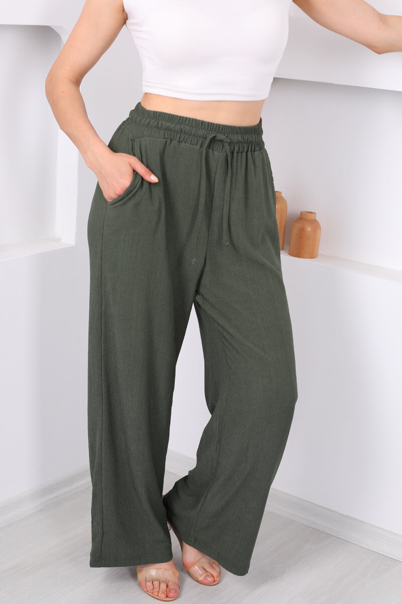 Beli Lastikli Bol Paça Haki Kadın Bürümcük Pantolon - 2
