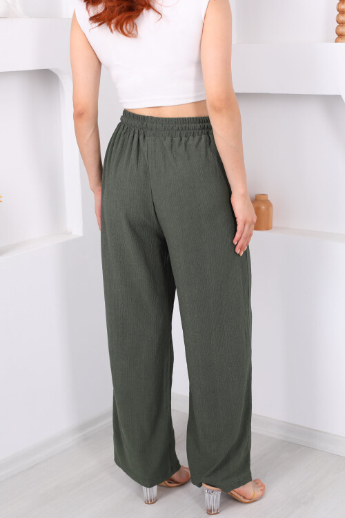 Beli Lastikli Bol Paça Haki Kadın Bürümcük Pantolon - 5