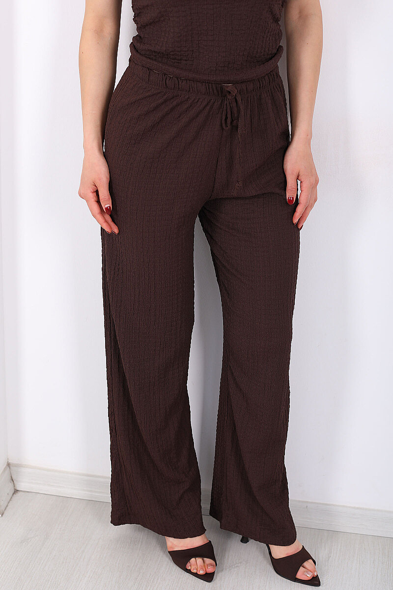 Beli Lastikli Bol Paça Kadın Acı Kahve Bubble Pantolon - 2