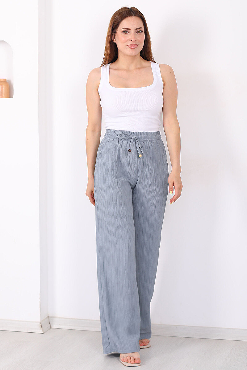 Beli Lastikli Bol Paça Kadın Antrasit Bürümcük Pantolon - 4