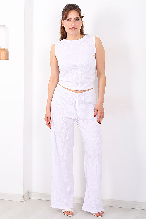 Beli Lastikli Bol Paça Kadın Beyaz Bubble Pantolon - 4