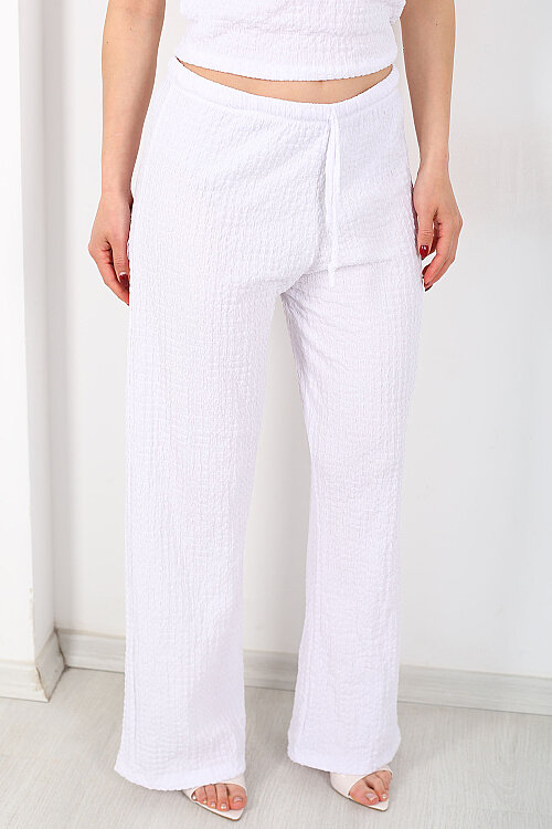 Beli Lastikli Bol Paça Kadın Beyaz Bubble Pantolon - Berox (1)