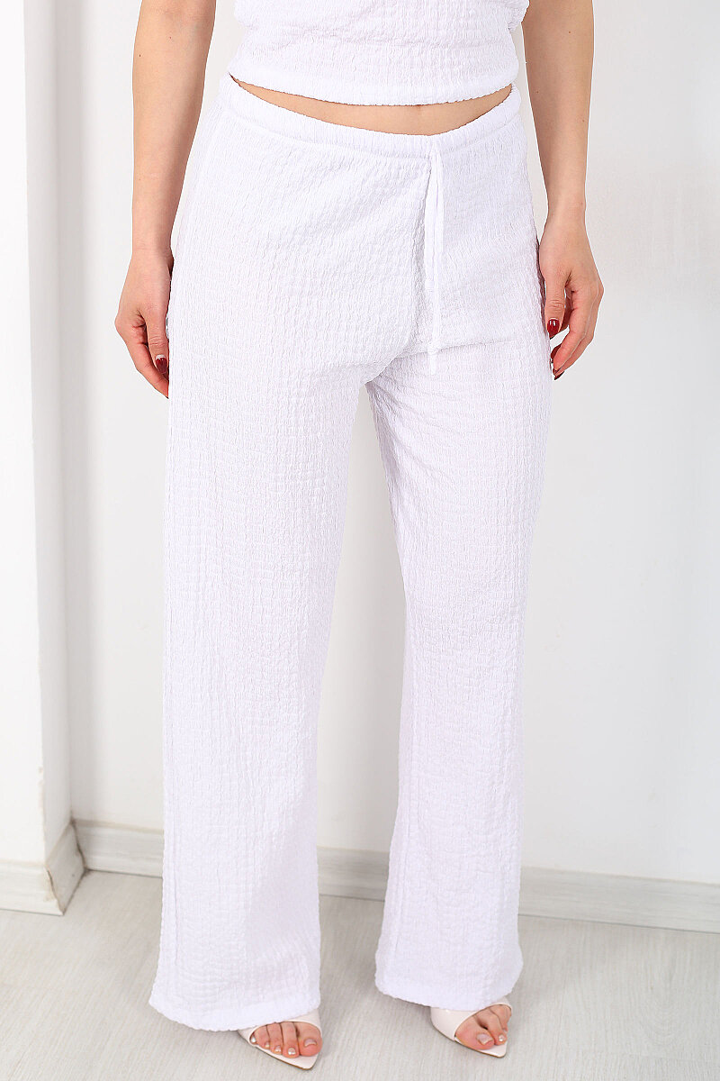 Beli Lastikli Bol Paça Kadın Beyaz Bubble Pantolon - 2