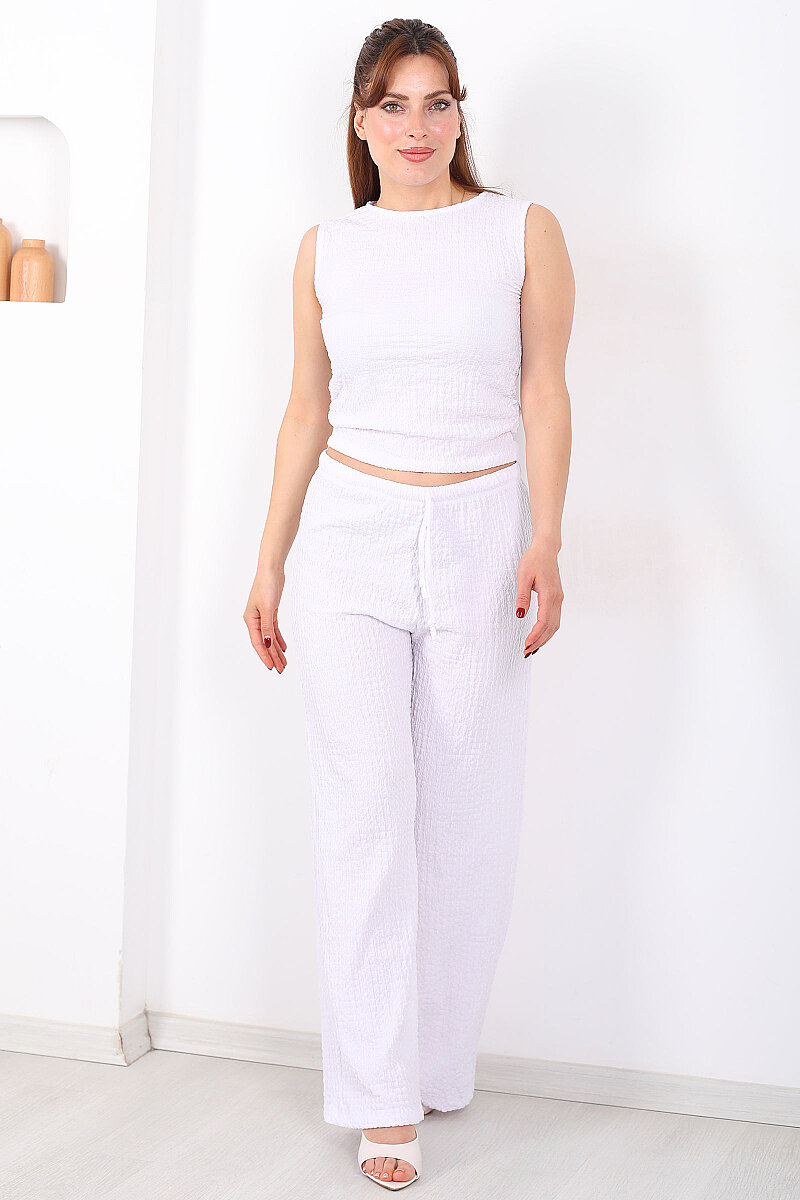 Beli Lastikli Bol Paça Kadın Beyaz Bubble Pantolon - 6