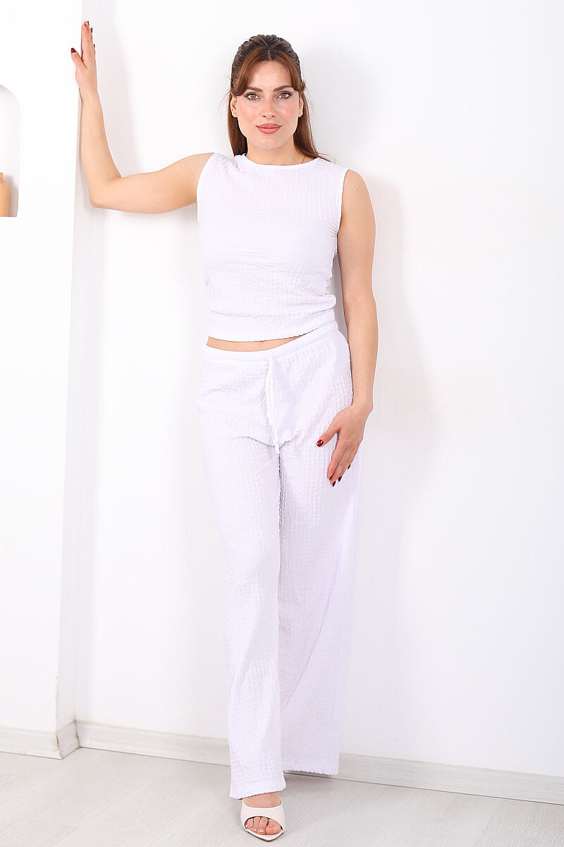 Beli Lastikli Bol Paça Kadın Beyaz Bubble Pantolon - 1