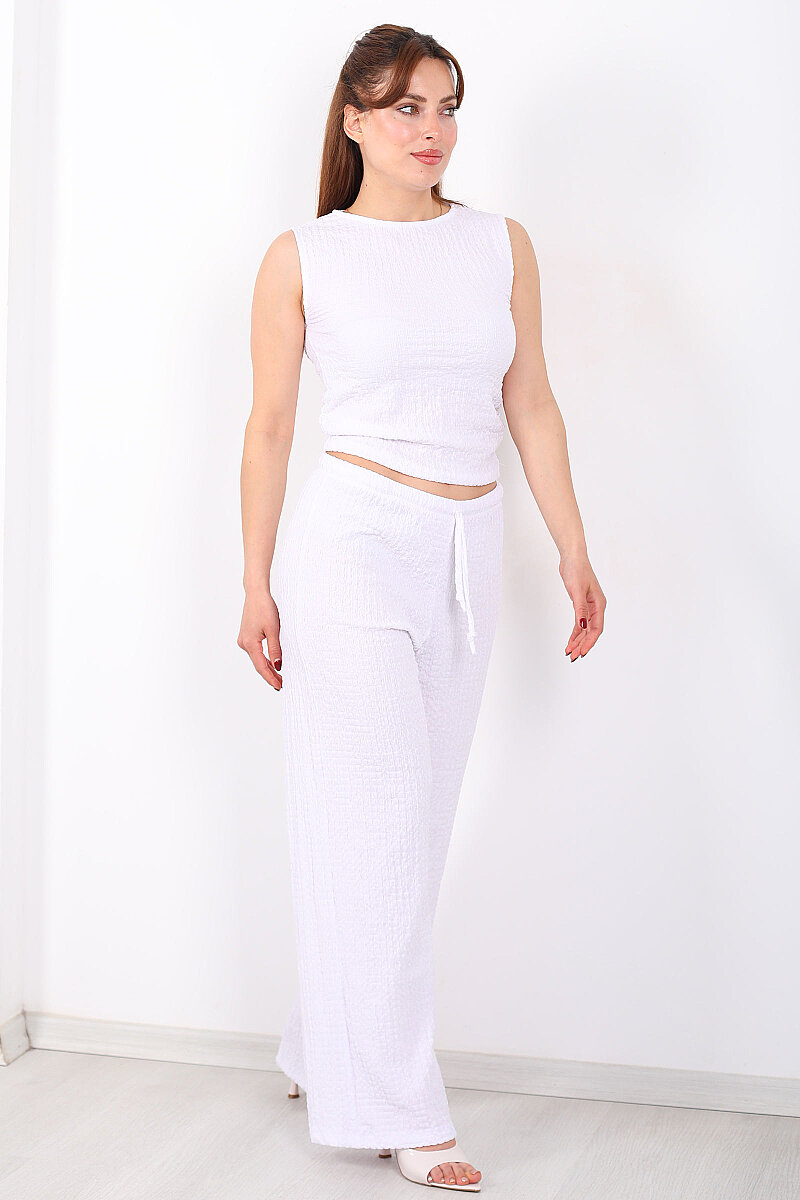 Beli Lastikli Bol Paça Kadın Beyaz Bubble Pantolon - 3