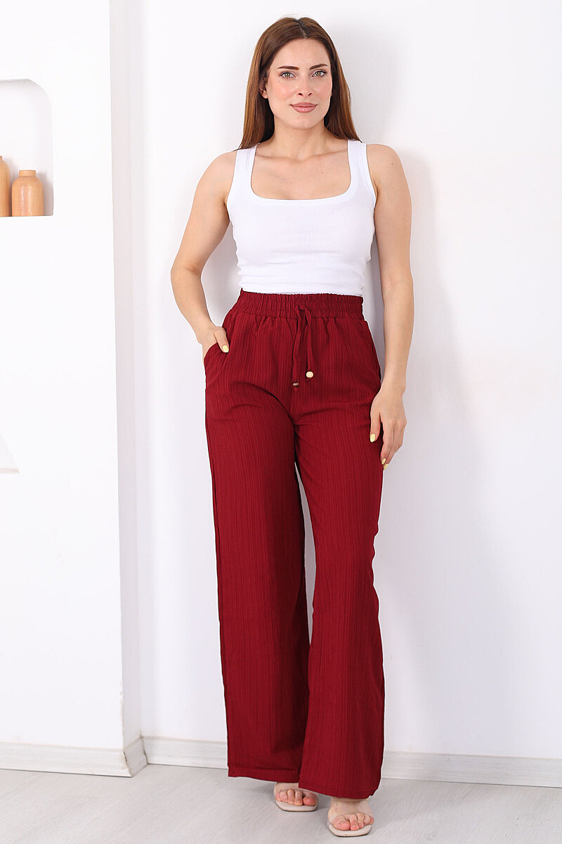 Beli Lastikli Bol Paça Kadın Bordo Bürümcük Pantolon - 3